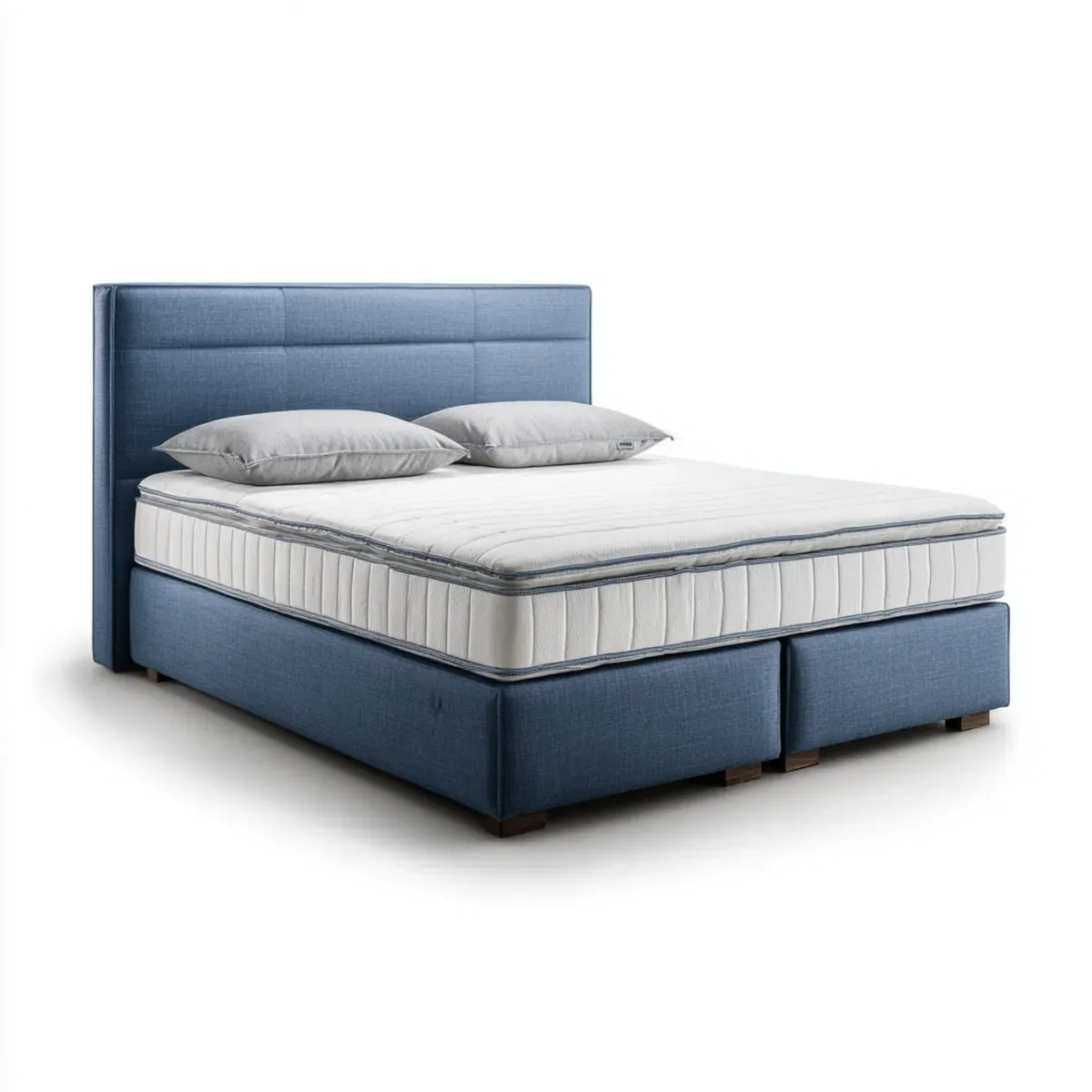Ensemble lit double boxspring bleu et blanc 160 x 200 cm en polyester avec tête de lit rectangulaire et matelas