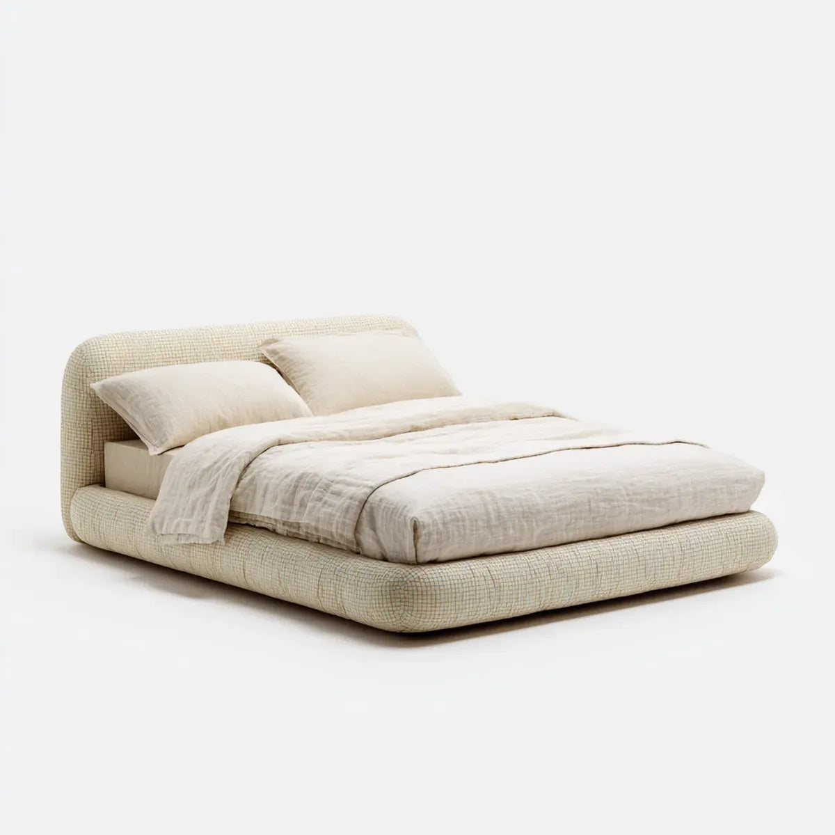 Lit double 160 x 200 cm beige en polyester à forme arrondie