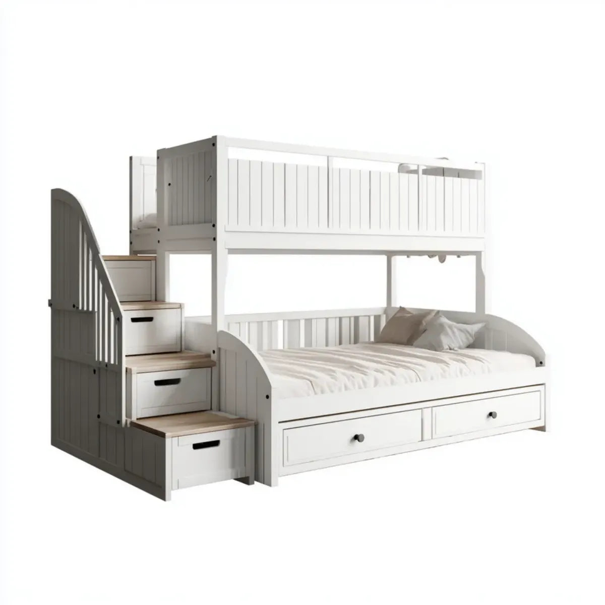 Lit superposé enfant blanc avec lit bas 140 x 200 cm lit haut 90 x 200 cm escalier à rangements en pin massif et MDF 257 x 152 x 170 cm