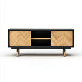 Meuble TV rectangulaire noir et chêne 160 x 40 x 60 cm en MDF plaqué chêne avec 2 portes coulissantes