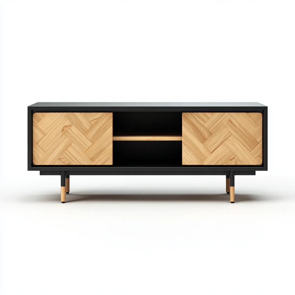 Meuble TV rectangulaire noir et chêne 160 x 40 x 60 cm en MDF plaqué chêne avec 2 portes coulissantes