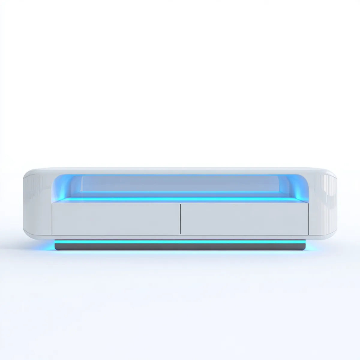 Meuble TV blanc 180 x 40 x 45 cm en MDF laqué forme arrondie avec éclairage LED bleu
