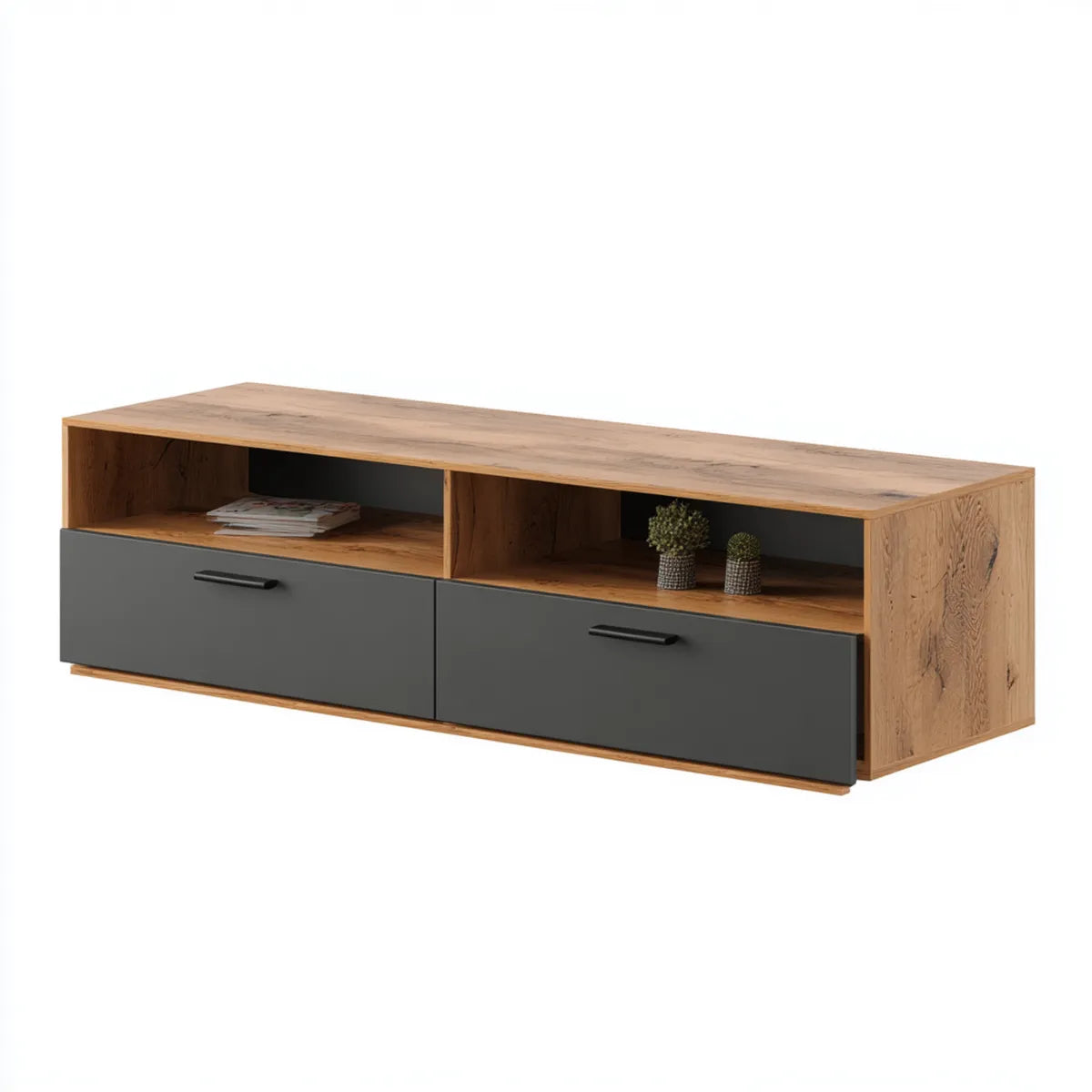 Meuble TV 2 tiroirs chêne naturel et anthracite 180 x 40 x 45 cm panneaux de particules mélaminés rectangulaire