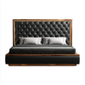 Lit double 180 x 200 cm noir et noyer avec tête de lit capitonnée en similicuir PU