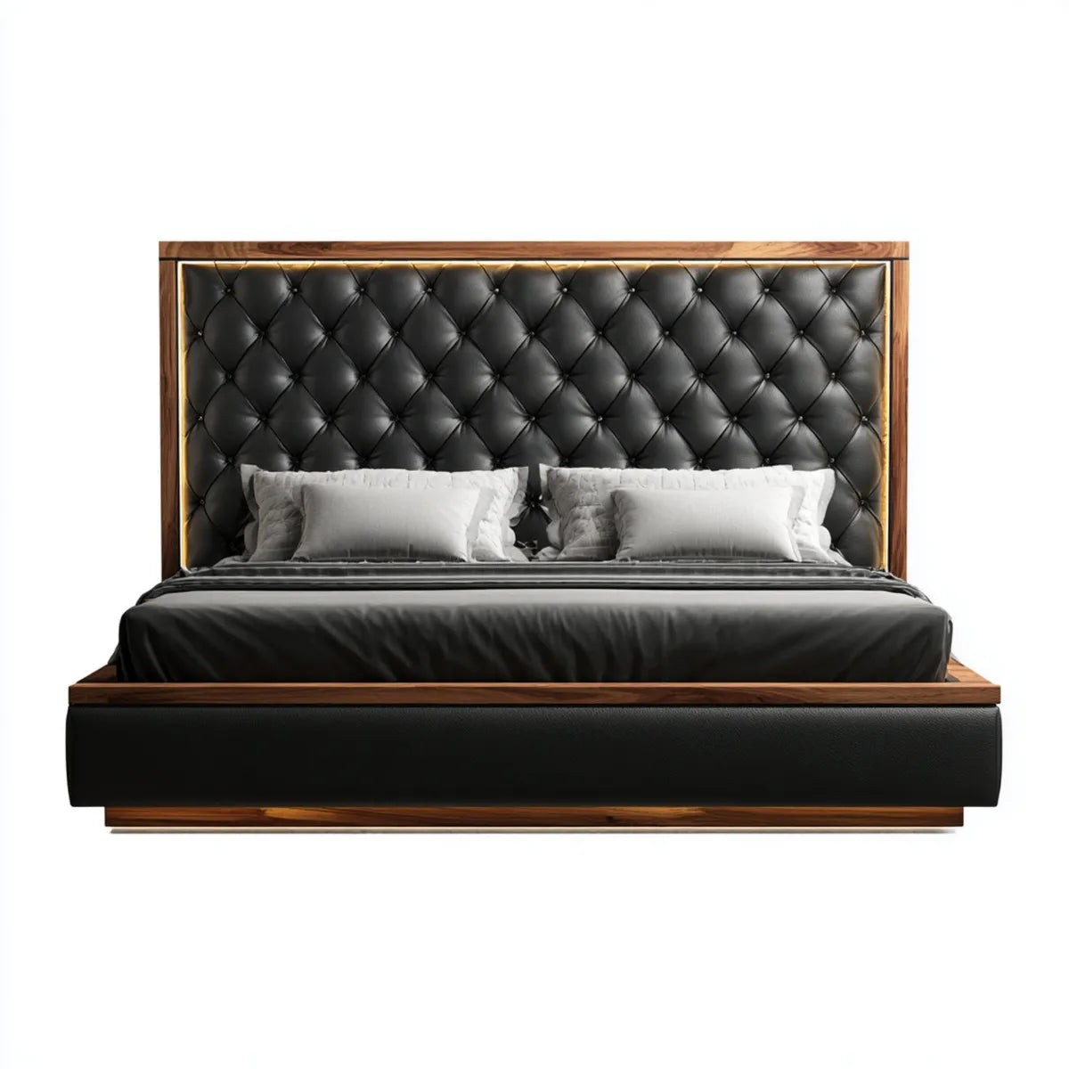 Lit double 180 x 200 cm noir et noyer avec tête de lit capitonnée en similicuir PU