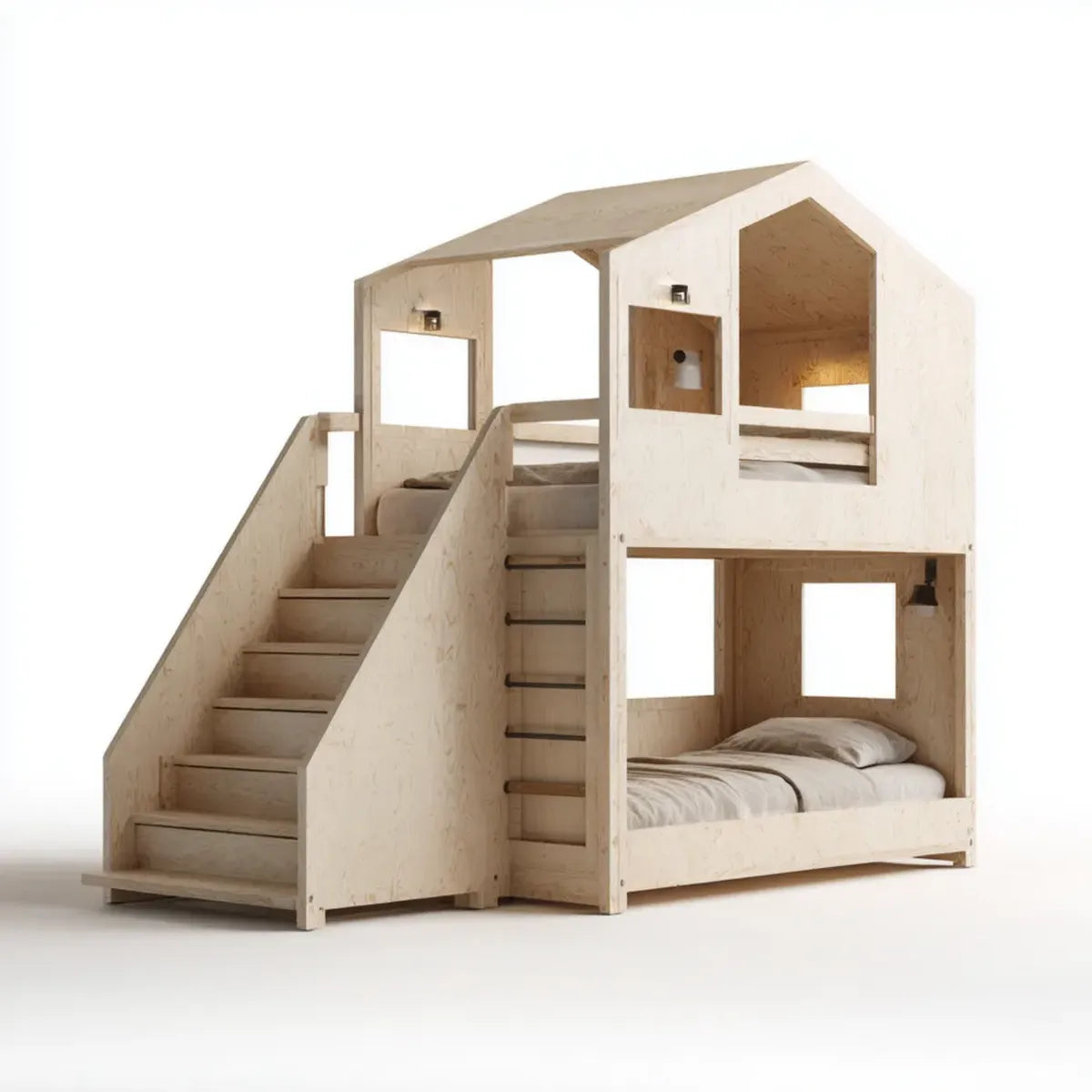 Lit superposé enfant cabane 2 couchages naturel 90 x 200 cm en contreplaqué de bouleau avec escalier