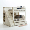Lit superposé enfant blanc avec escalier de rangement et tiroirs 198 x 145 x 170 cm en panneaux MDF rectangulaire