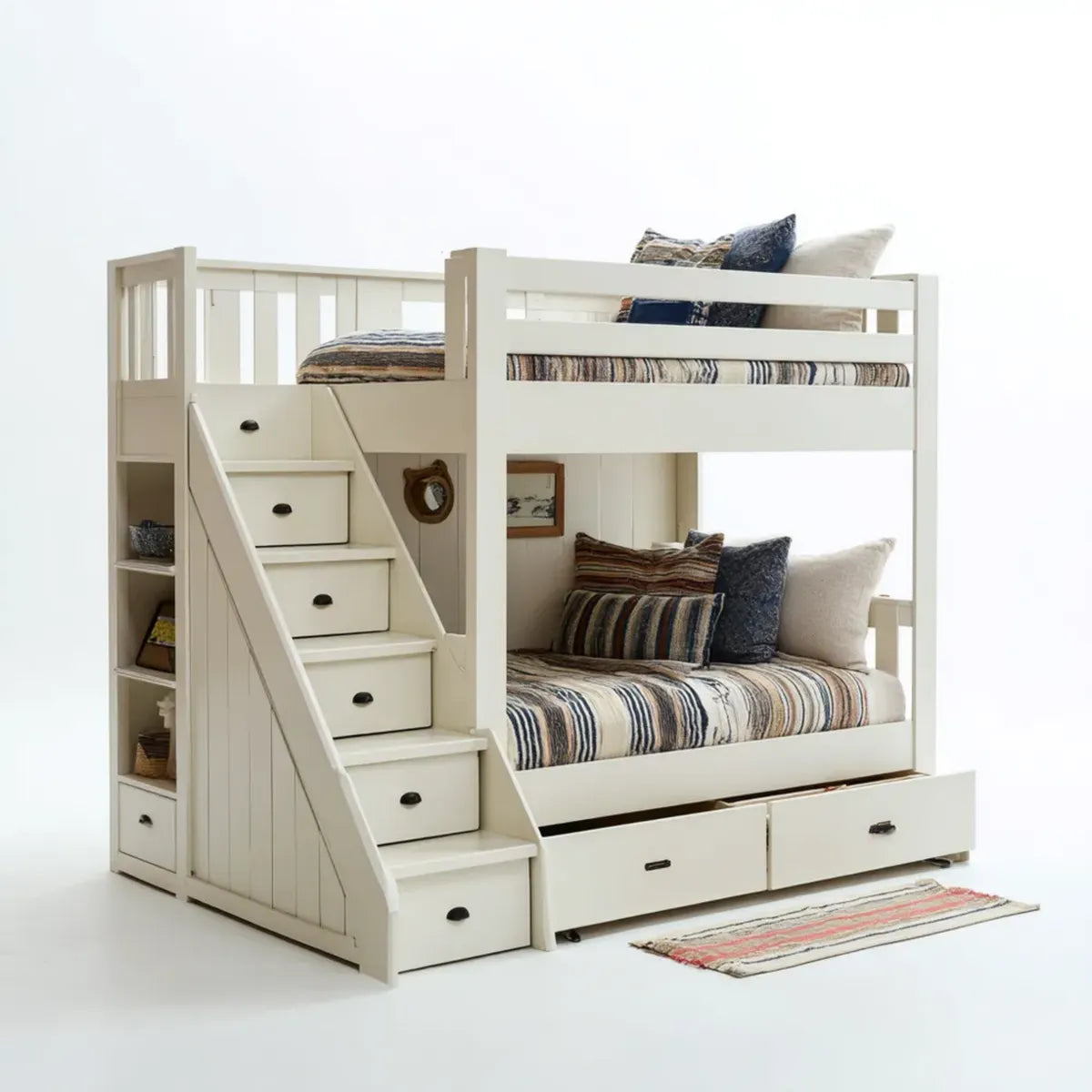 Lit superposé enfant blanc avec escalier de rangement et tiroirs 198 x 145 x 170 cm en panneaux MDF rectangulaire
