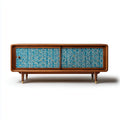 Meuble TV à portes coulissantes noyer et bleu 160 x 40 x 75 cm en bois massif et mosaïque céramique rectangulaire