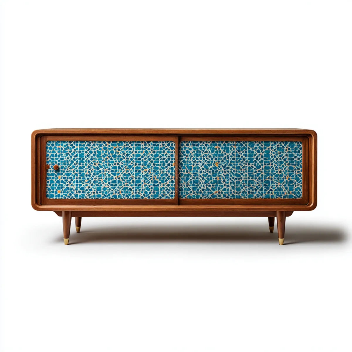 Meuble TV à portes coulissantes noyer et bleu 160 x 40 x 75 cm en bois massif et mosaïque céramique rectangulaire
