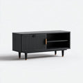 Meuble TV noir en panneaux MDF 120 x 40 x 55 cm avec porte coulissante striée et étagères rectangulaire