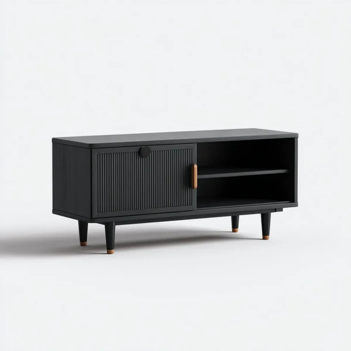 Meuble TV noir en panneaux MDF 120 x 40 x 55 cm avec porte coulissante striée et étagères rectangulaire